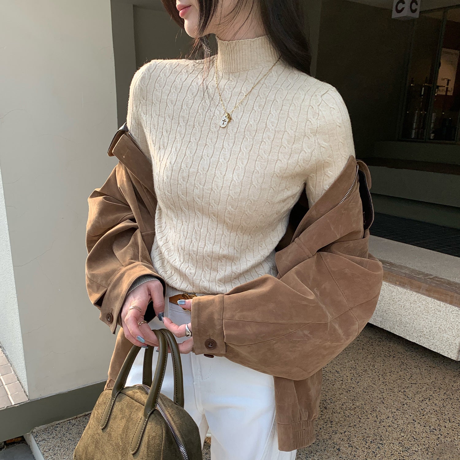Chic Gray Cable Knit Crewneck Sweater Top for Women,  Slim Fit Short Length Underwear Shirt